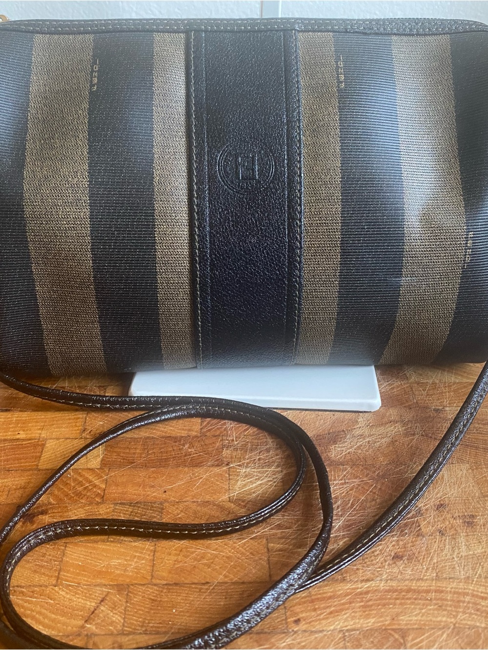 Fendi Vintage Pequin Stripe Crossbody Bag Brown Black Leather Trim